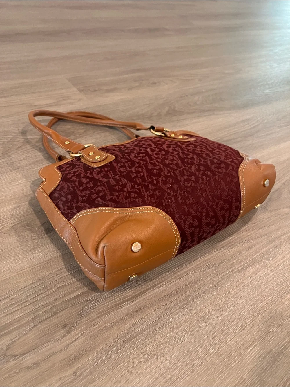 Etienne Aigner Burgundy and Tan Signature Shoulder Bag